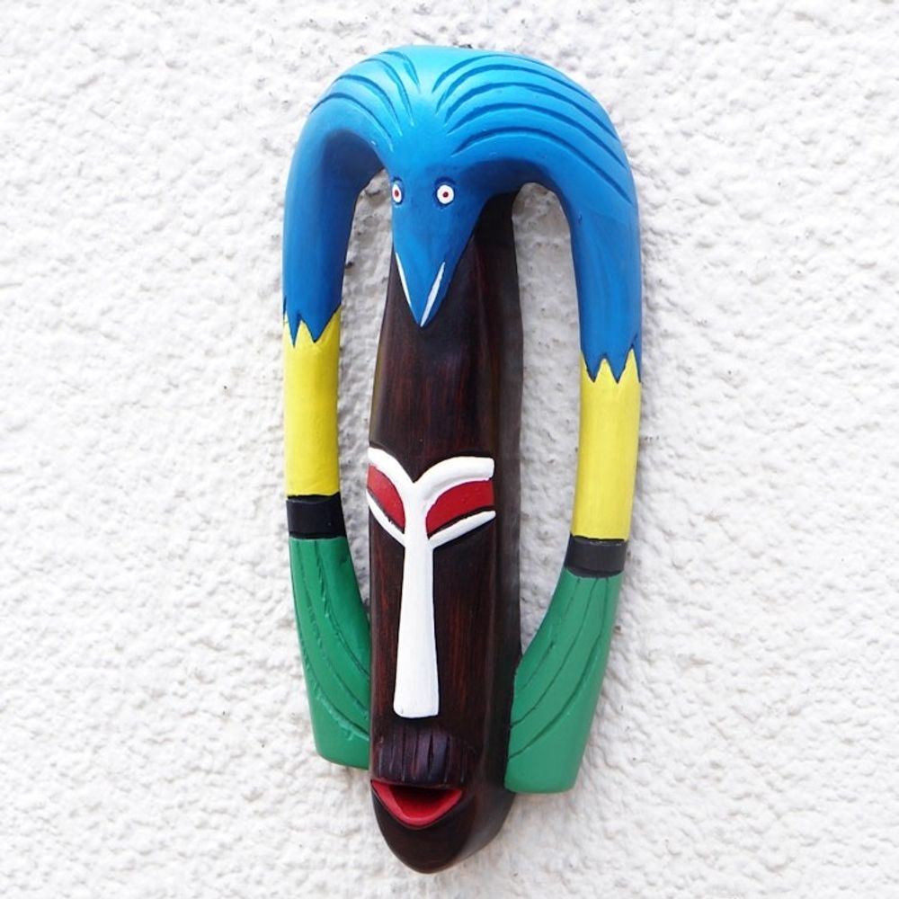 Hand-Painted African Wood Mask with Bird Accent on Top 'Bird Essence'