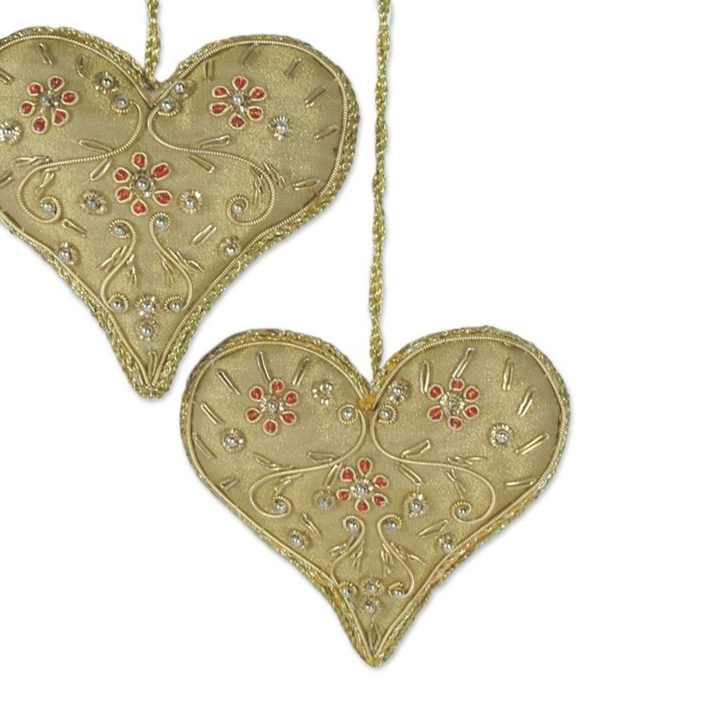 Heart Shaped Beaded Tree Ornaments from India Set of 5 'Floral Heart'