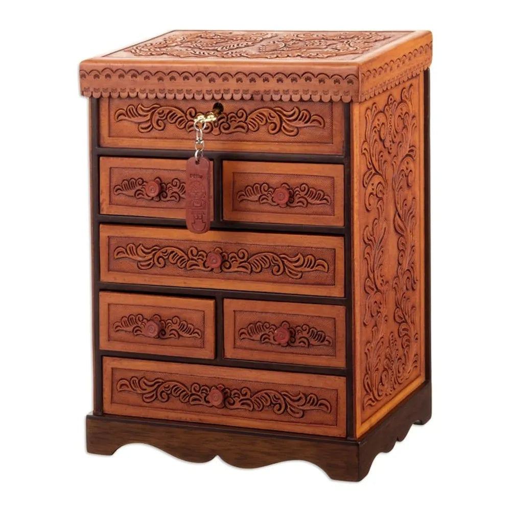 Handcrafted Traditional Brown Wood and Leather Jewelry Box 'Baroque Secrets'