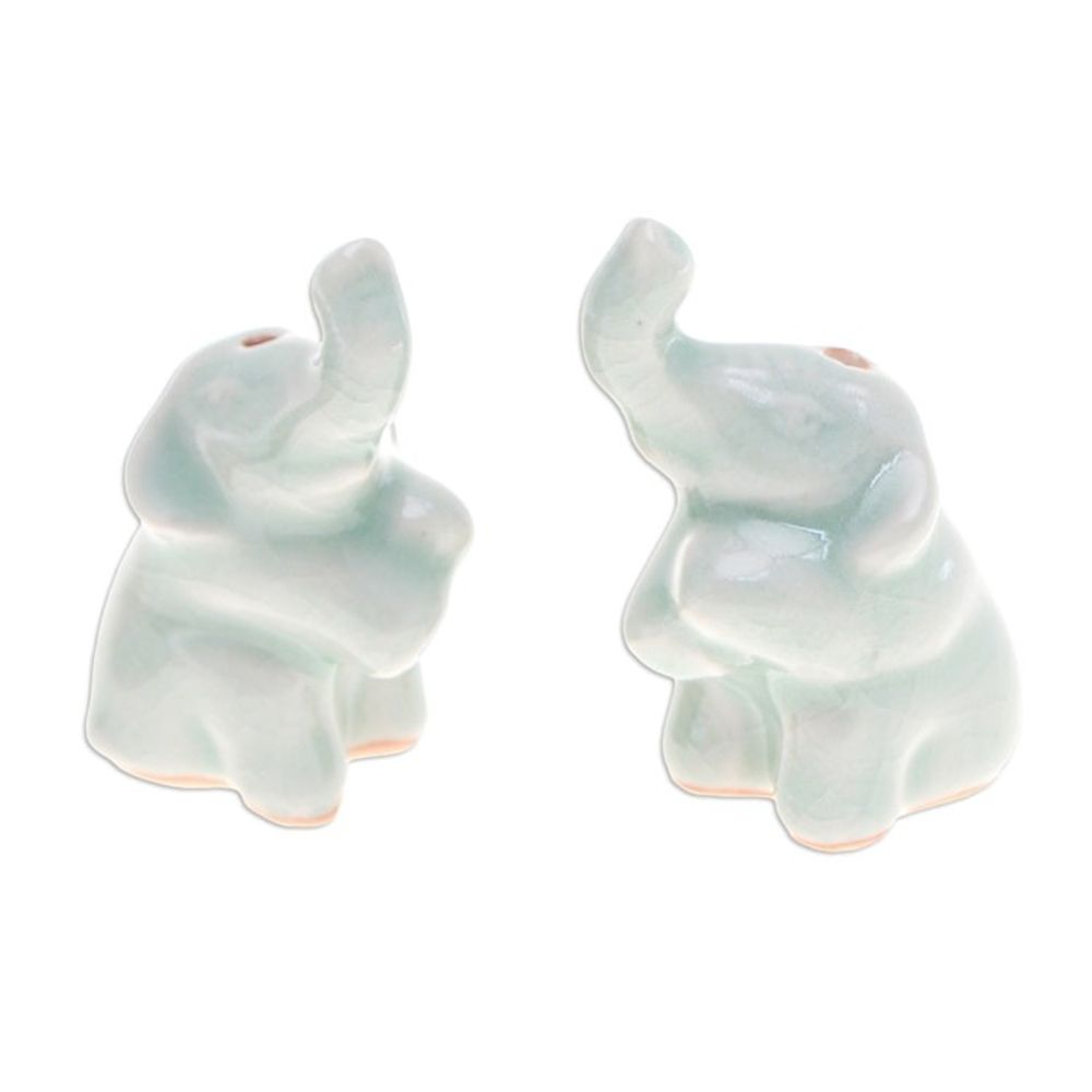 Pair of Elephant-Shaped Celadon Ceramic Incense Holders 'Elephant Enchantment'