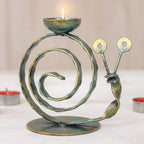 Handcrafted Iron Snail Tealight Holder with Antique Finish 'Happy Snail in Green'