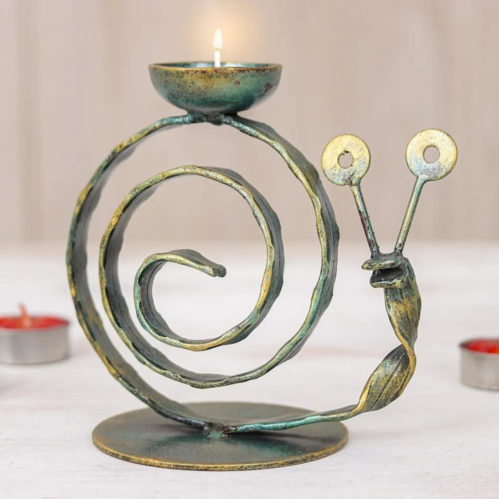 Handcrafted Iron Snail Tealight Holder with Antique Finish 'Happy Snail in Green'