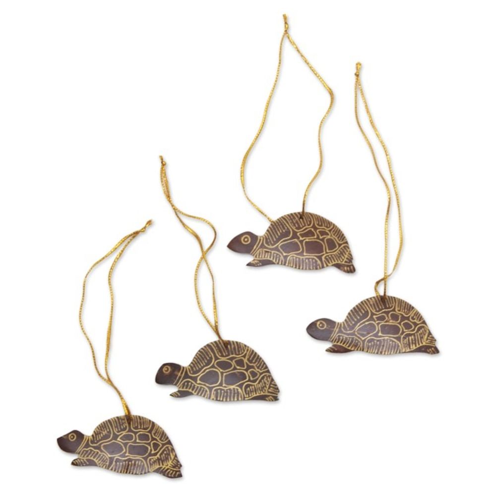Set of 4 Handmade Brown Coconut Shell Turtle Ornaments 'Royal Turtle'