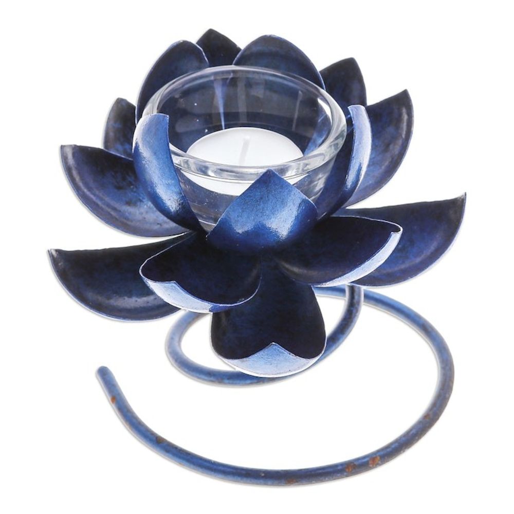 Handmade Steel Iron Lotus Flower Tealight Holder in Blue 'Lotus Flame in Blue'