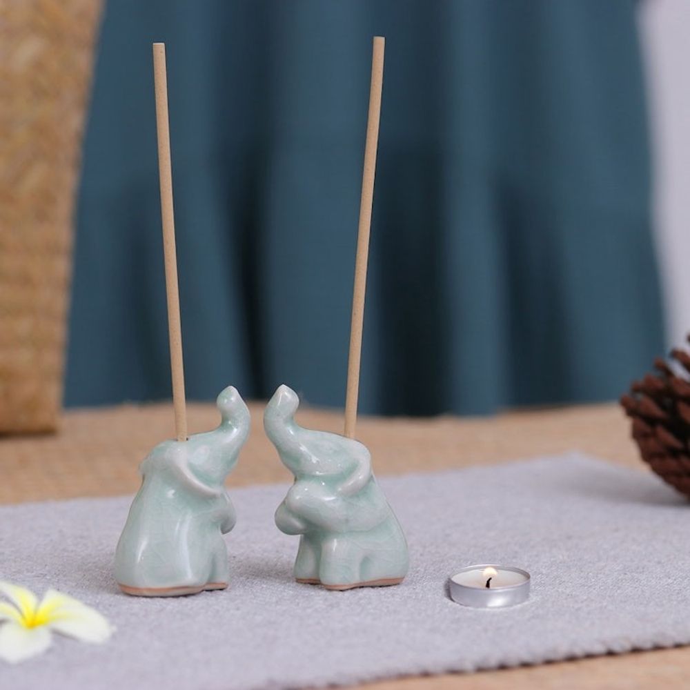 Pair of Elephant-Shaped Celadon Ceramic Incense Holders 'Elephant Enchantment'