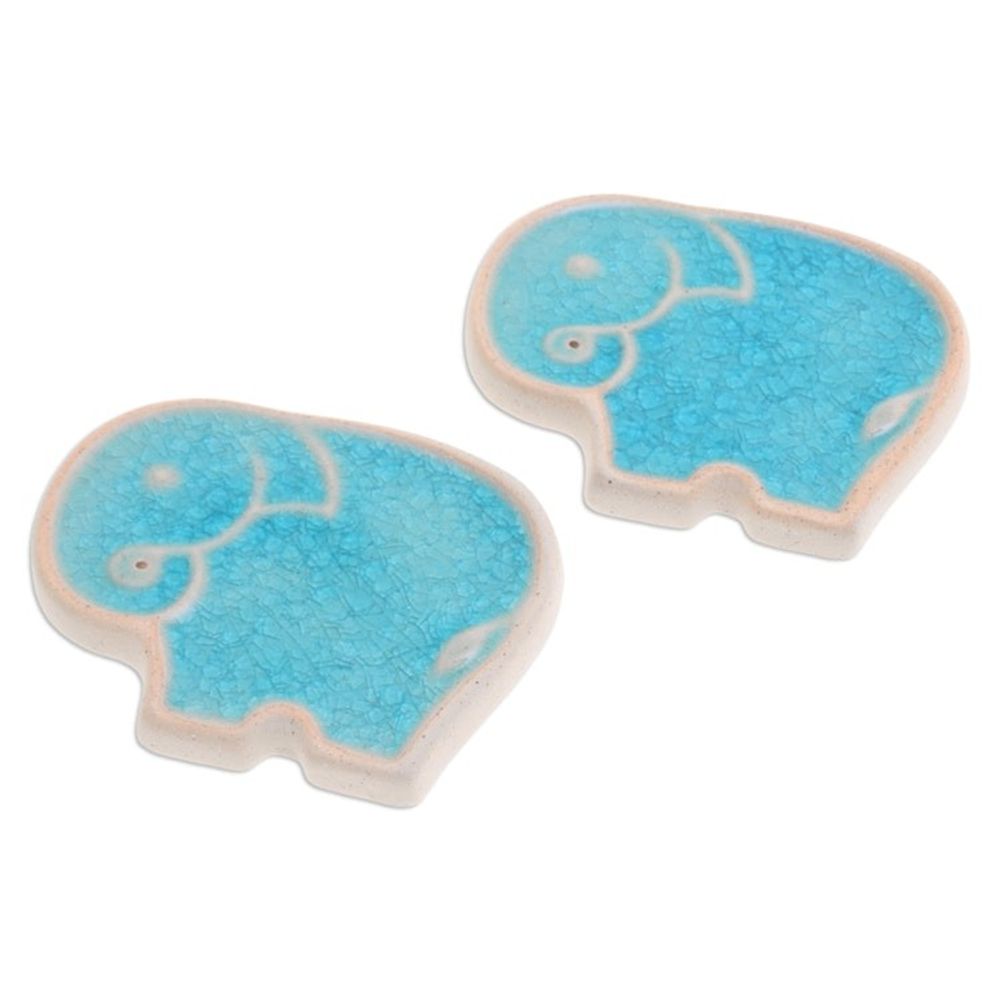 Handcrafted Elephant-Shaped Blue Incense Holders Pair 'Blue Elephant'