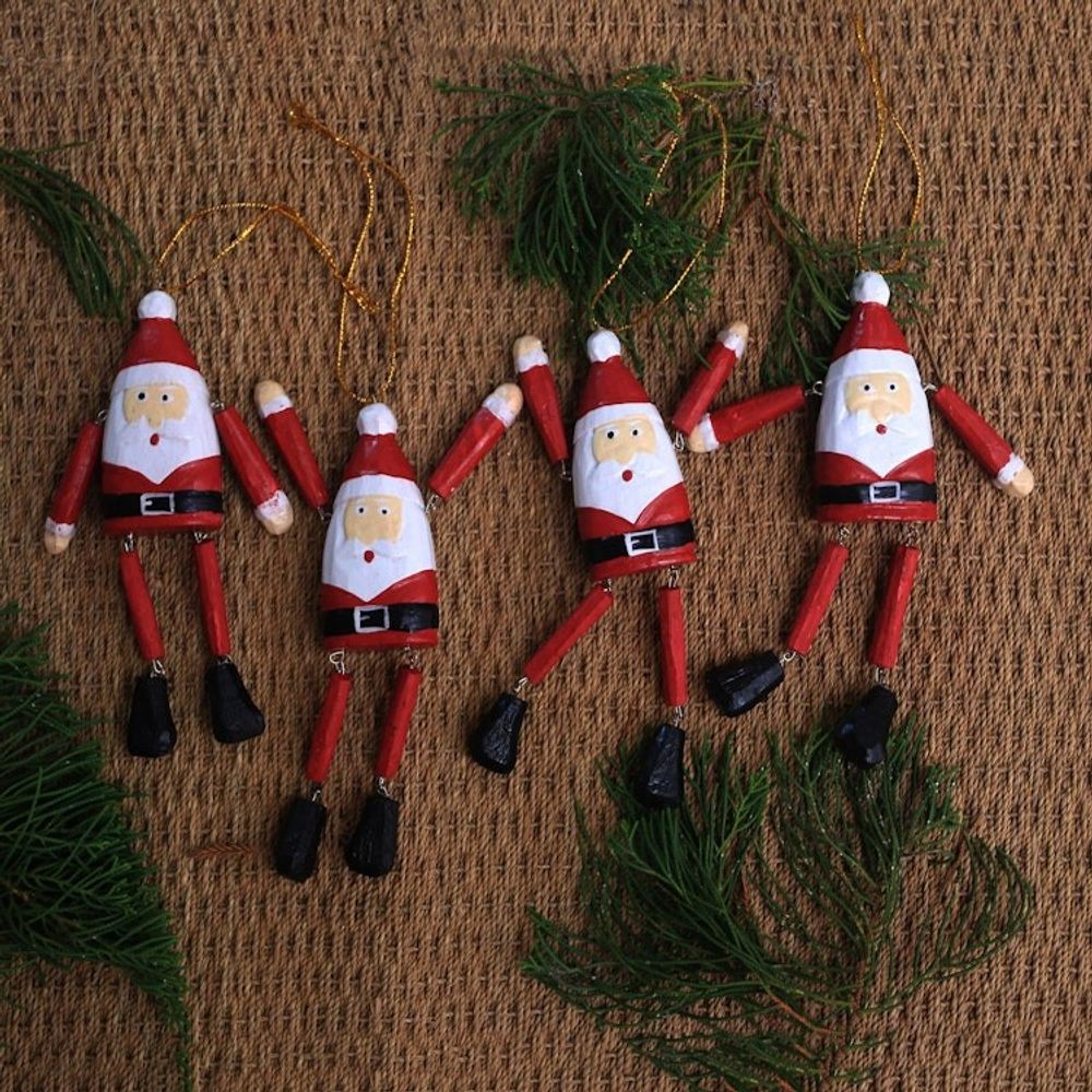Dangling Wood Santa Ornaments from Bali Set of 4 'Dancing Santas'