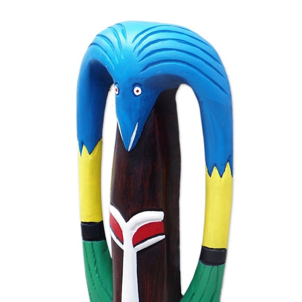 Hand-Painted African Wood Mask with Bird Accent on Top 'Bird Essence'