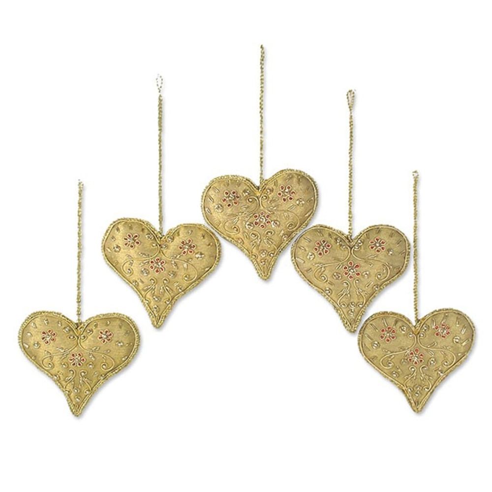 Heart Shaped Beaded Tree Ornaments from India Set of 5 'Floral Heart'