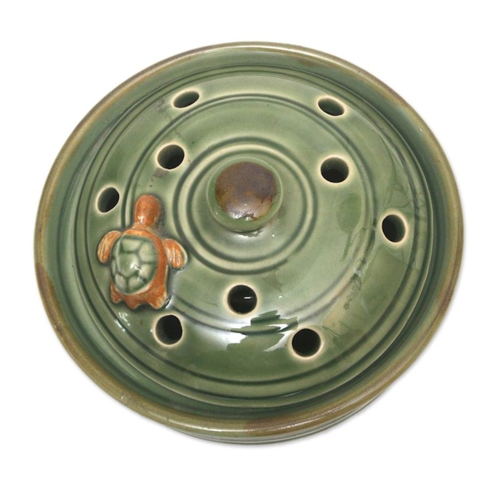 Green Handmade Turtle-Themed Porcelain Mosquito Coil Holder 'Turtle with Polka Dots'
