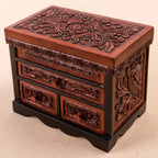 Cedar Wood and Leather Jewelry Box with Mirror from Peru 'Symbolic Leaves'