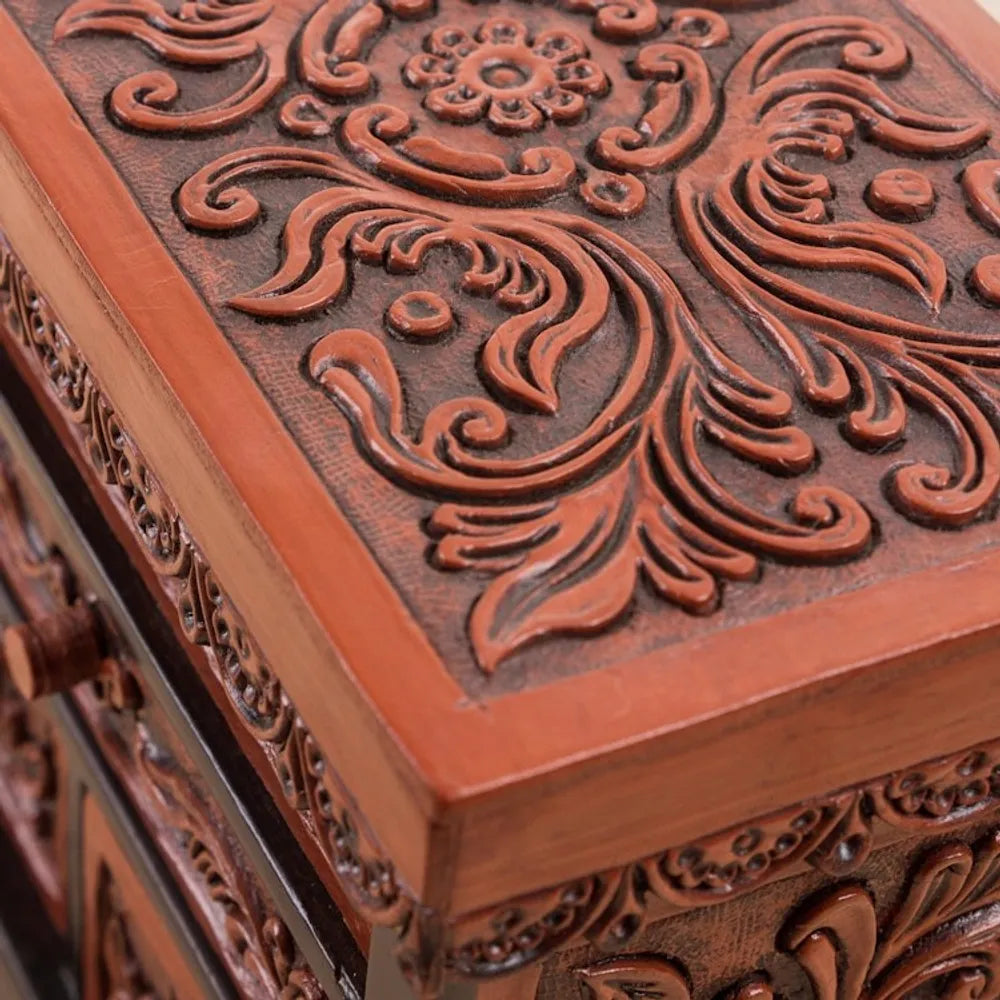 Cedar Wood and Leather Jewelry Box with Mirror from Peru 'Symbolic Leaves'