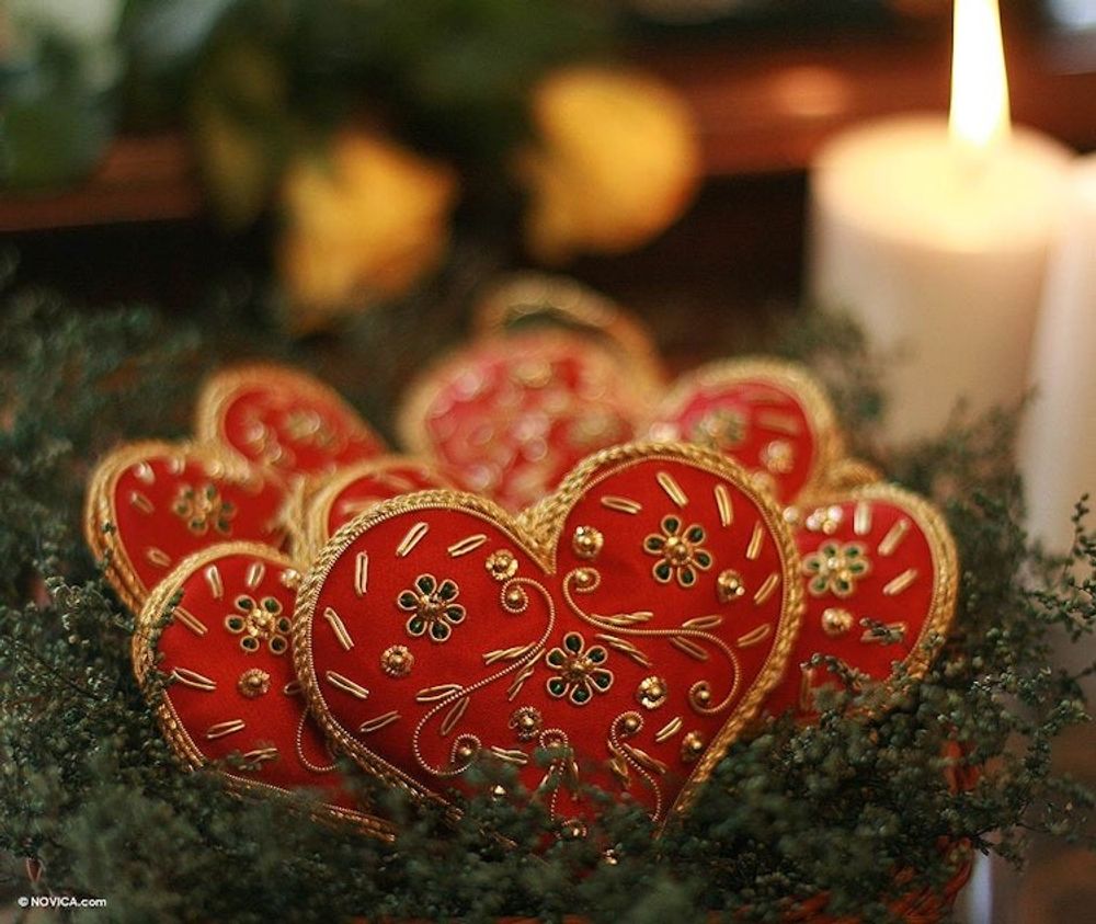 Red Heart Shaped Beaded Ornaments from India Set of 5 'Red Velvet Heart'