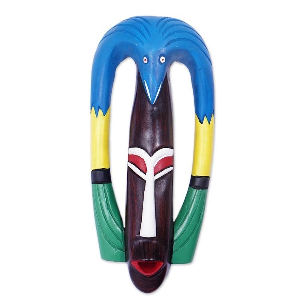 Hand-Painted African Wood Mask with Bird Accent on Top 'Bird Essence'