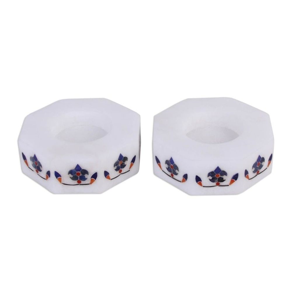 Octagon Marble Tealight Holders with Blue Buds Pair 'Floral Alliance in Blue'