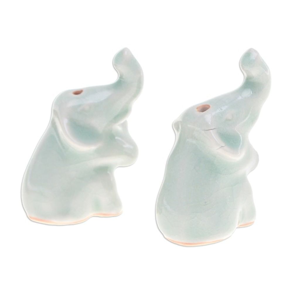 Pair of Elephant-Shaped Celadon Ceramic Incense Holders 'Elephant Enchantment'