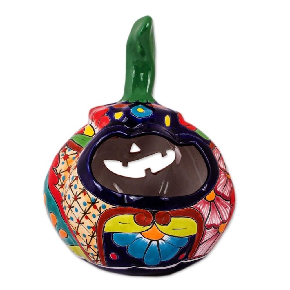 Talavera-Style Ceramic Jack-O-Lantern Candle Holder 'Floral Jack-O-Lantern'