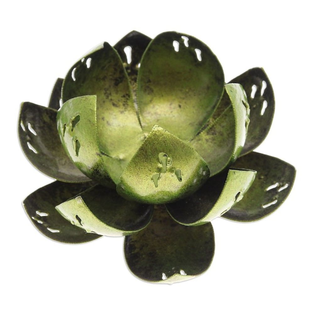 Handcrafted Light Green Steel Lotus Flower Tealight Holder 'Precious Lotus in Light Green'