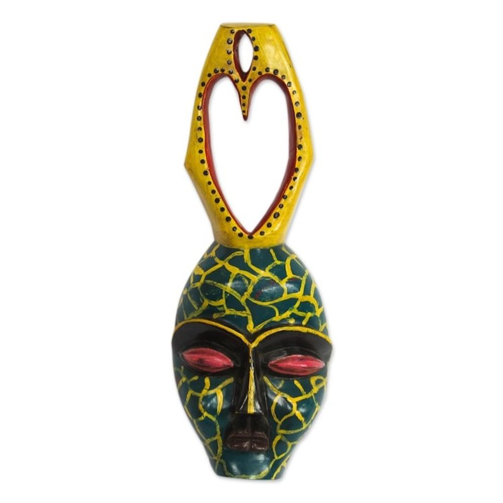 Yellow and Green Heart-Themed African Wood Mask from Ghana 'Yellow Veins'