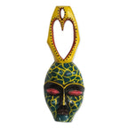 Yellow and Green Heart-Themed African Wood Mask from Ghana 'Yellow Veins'