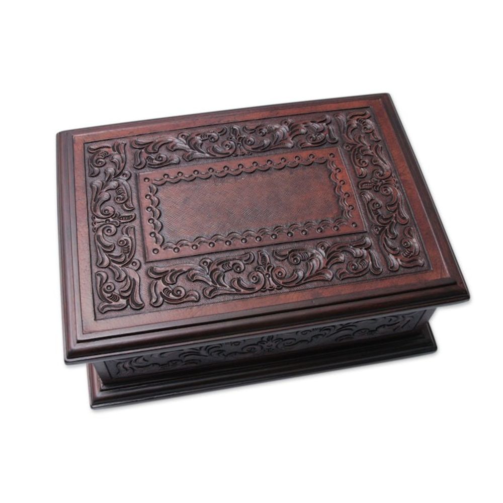 Peruvian Colonial Hand Tooled Brown Leather Jewelry Box 'Spanish Heritage'