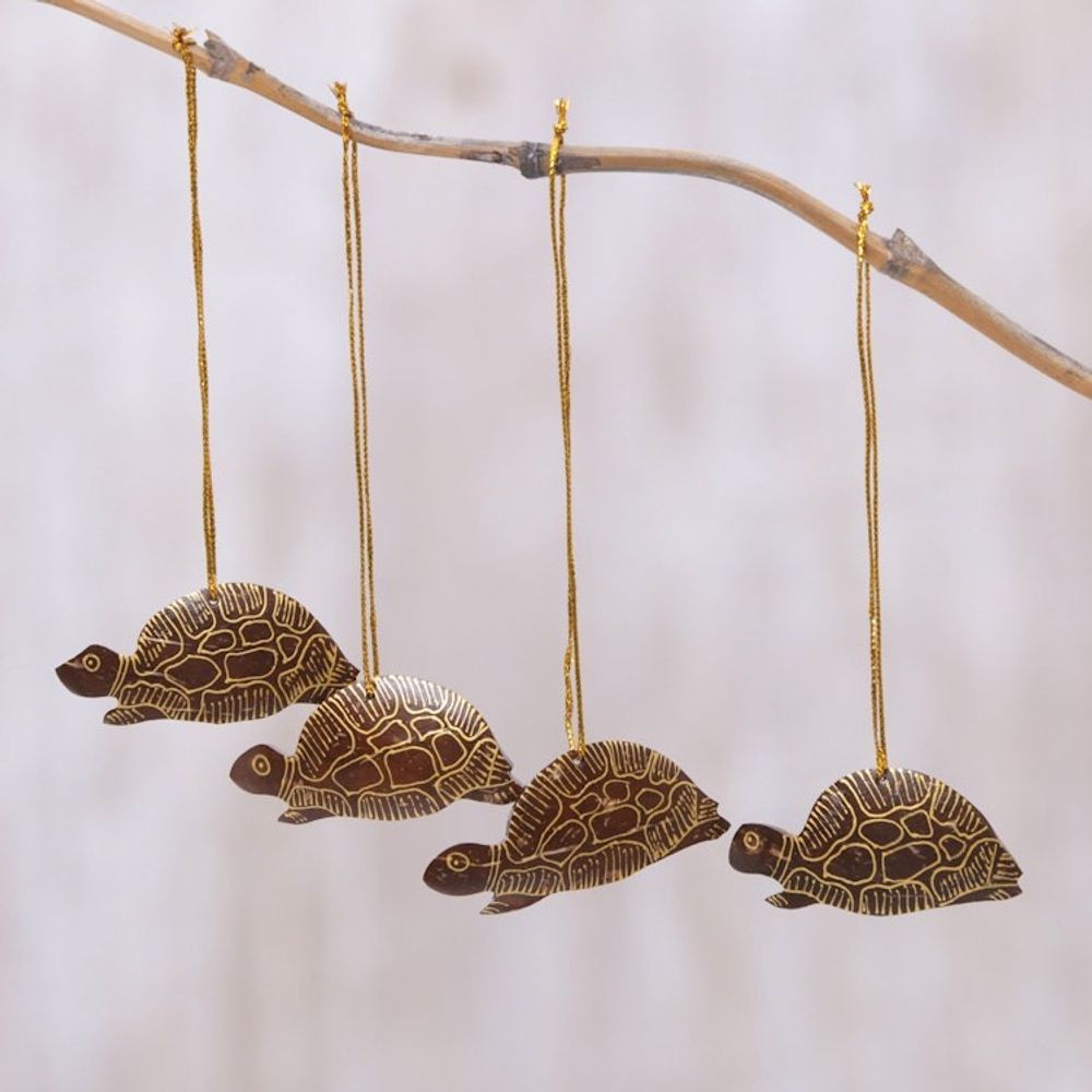 Set of 4 Handmade Brown Coconut Shell Turtle Ornaments 'Royal Turtle'