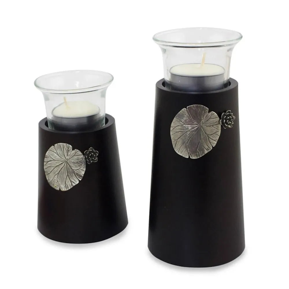Wood and pewter candleholders Pair 'Lotus Light'