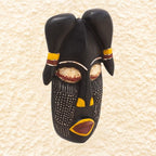 African Wood Mask with Embossed Aluminum from Ghana 'Mighty Horns'