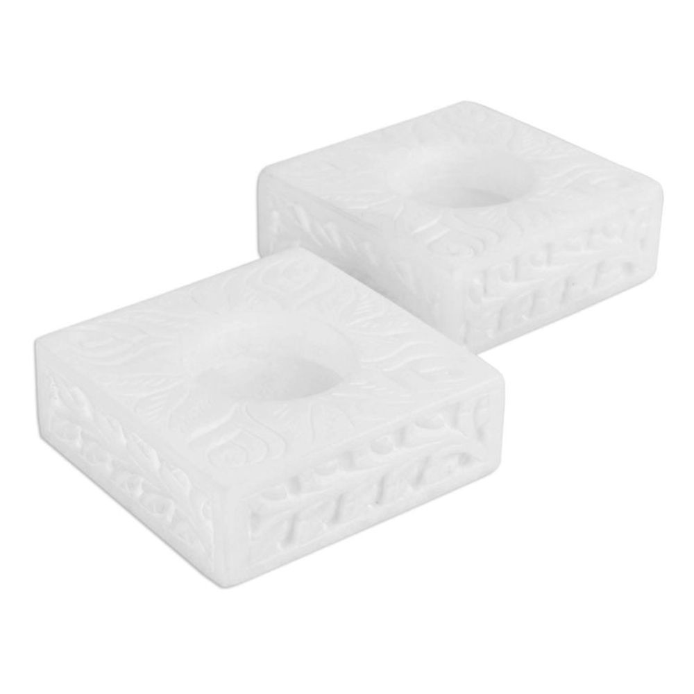 Square Marble Tealight Holder with Engraved Vines Pair 'White Garden'