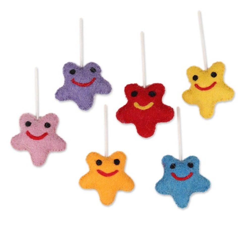 Assorted Wool Felt Star Ornaments from India Set of 6 'Cheery Stars'