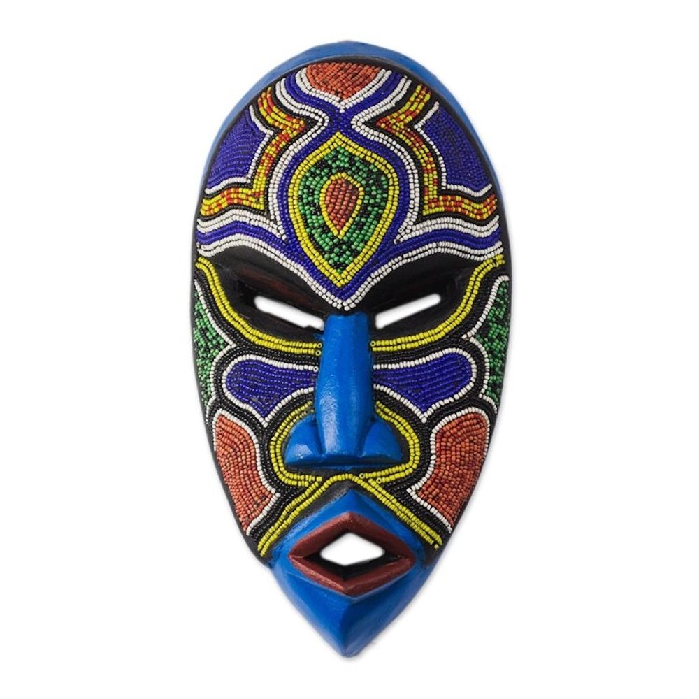 Recycled Plastic Beaded African Wood Mask from Ghana 'Beaded Love'