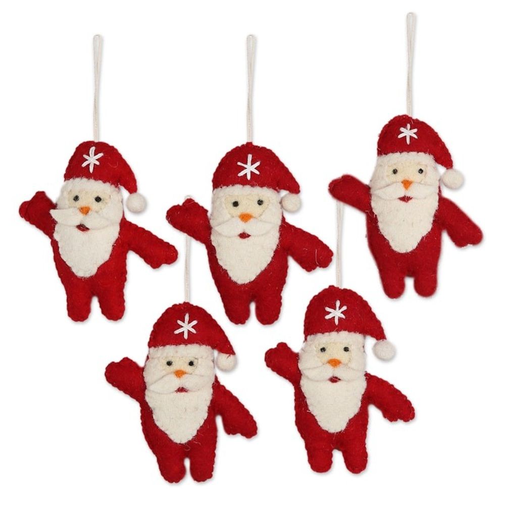 Set of 5 Wool Felt Santa Ornaments 'Santa Dance'