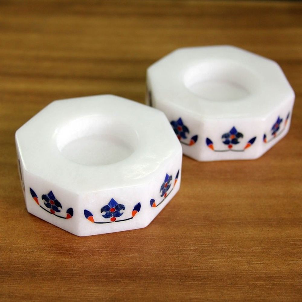 Octagon Marble Tealight Holders with Blue Buds Pair 'Floral Alliance in Blue'