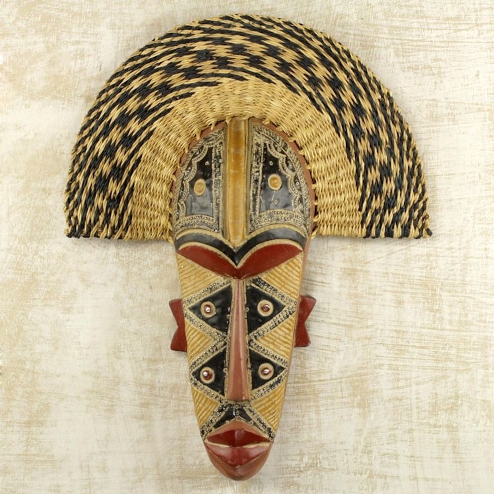 Hand Made African Mask with Wood and Raffia Accents 'Prosper'