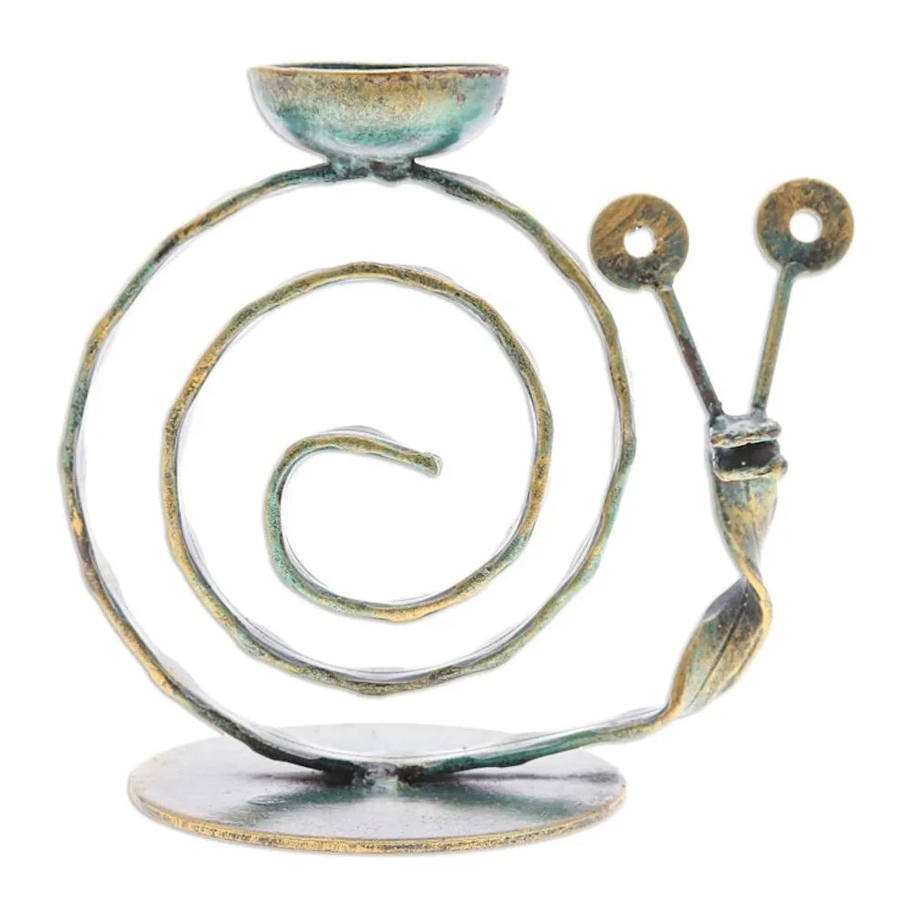 Handcrafted Iron Snail Tealight Holder with Antique Finish 'Happy Snail in Green'