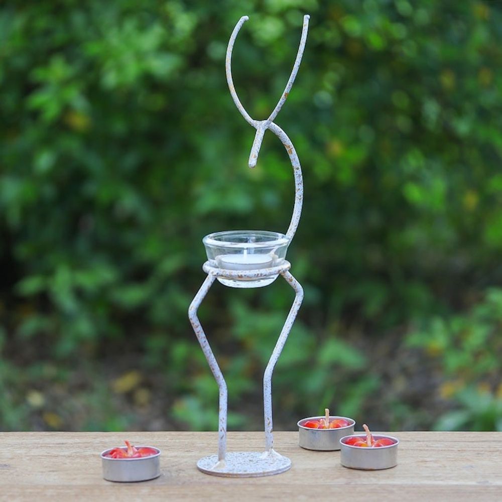 Handcrafted Iron Deer Tealight Holder in White and Gold 'Deer Splendor'