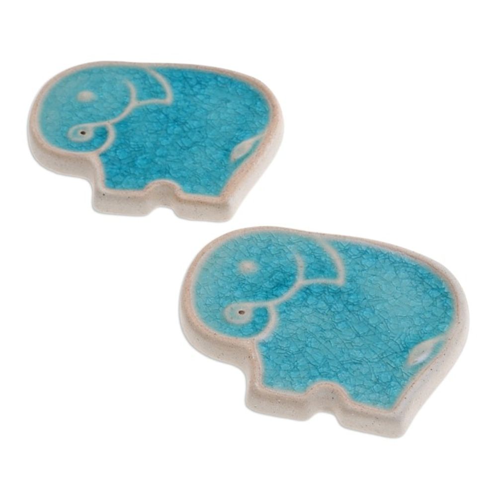 Handcrafted Elephant-Shaped Blue Incense Holders Pair 'Blue Elephant'