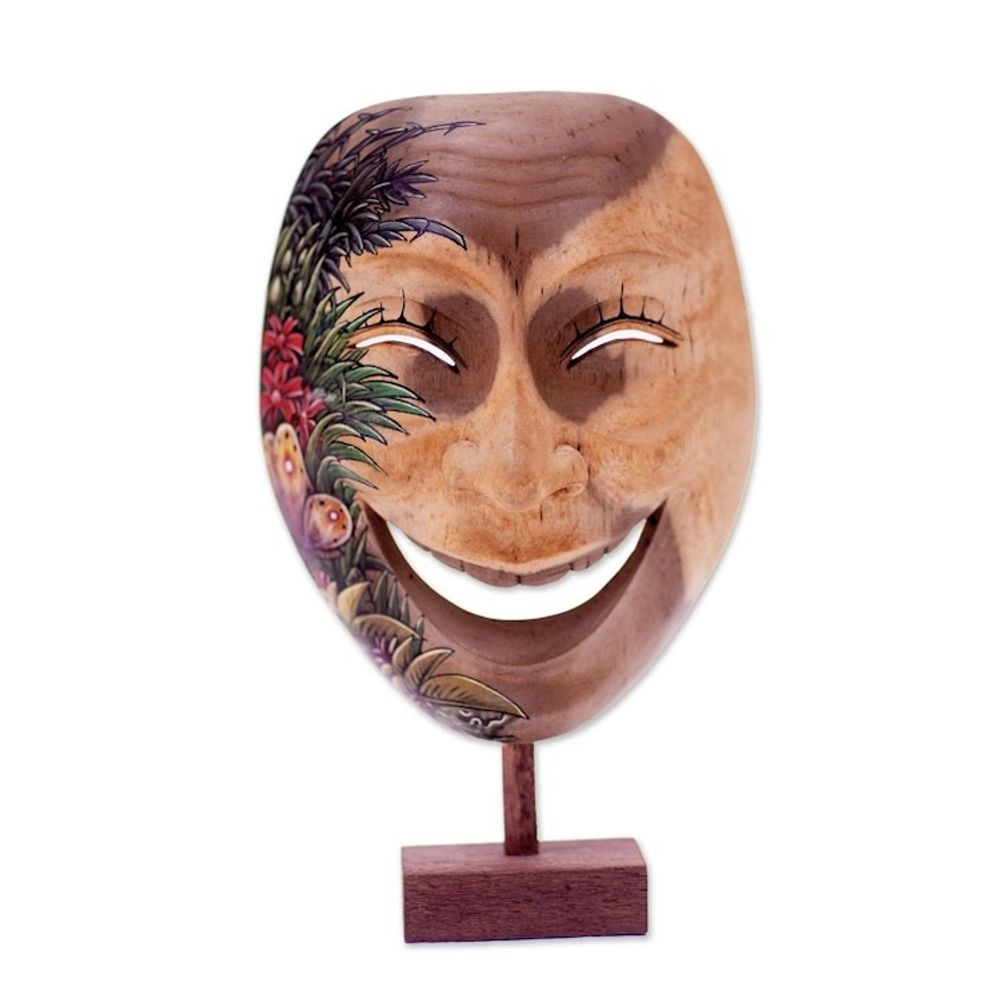 Balinese Handcrafted Hibiscus Wood Mask Butterfly Motif 'Gleeful Smile'